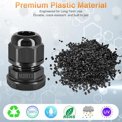 USUPERINK 80PCS Waterproof Cable Glands M20x1.5, Adjustable 6-12mm Black Cable Connectors, IP66 Nylon Compression Gland Kit, 20mm Fitting Hole for Electrical Junction Boxes, Outdoor Use