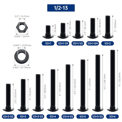 8 Sets 1/2-13 x 1-3/4" Carriage Bolt Kit & Nuts & Flat Washers Black 304 SS - size: 1/2-13 x 1-3/4" (8 Sets)