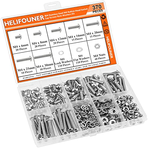 HELIFOUNER 370 Pieces M4 x 6mm /8mm /12mm /16mm /20mm /25mm /30mm, Button Head Socket Cap Screws Bolts Washers Nuts Kit, 304 Stainless Steel - size: M4, style: Button Head Screws