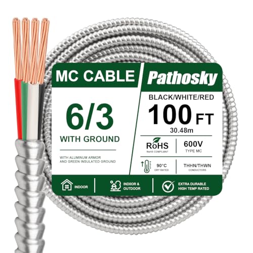 6/3 MC Cable 100 FT Aluminum Armored MC Cable with Ground Copper Electrical Wire 600V for Commercial Wiring UL Listed - color: 100 FT, size: 6AWG/3