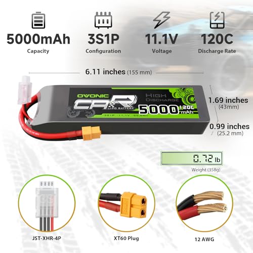 OVONIC 3S LiPo Battery 11.1V 5000mAh 120C with XT60 and TRA Plug Match RC Car Truck Airplane Helicopter Boat [6.18''D x 1.81" W x 1.03" H](2 Packs in 1 Package)(with Lipo Voltage Checker)