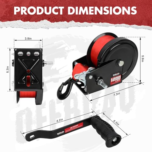 X-BULL Heavy Duty Boat Trailer Winch 1200 LBS with 23FT Strap With New Protective Cover, Heavy Duty Hook, 2-Way Ratchet & 4:1 Gear Portable Hand Crank for Trucks, Trailers, RV, ATV, Jet Skiing Trailer - size: 1200 LBS