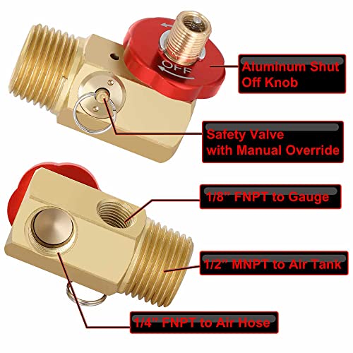 Hromee Air Tank Manifold Tool with Fill Port, Aluminum Shut Off Safety Valve and Relief Bypass 1/2" NPT Tank x 1/4" NPT Hose x 1/8" NPT Gauge for Air Compressor Portable Carry Tank - size: Air Tank Manifold Tool