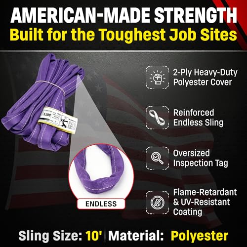 Chenango Supply VR1 10 Foot Endless Round Lifting Sling – USA Made, 2,600 lb Vertical, 2,080 lb Choker, 5,200 lb Basket – Double Ply Cover Polyester, Purple Round Poly Sling (10 FT) - size: 10 ft