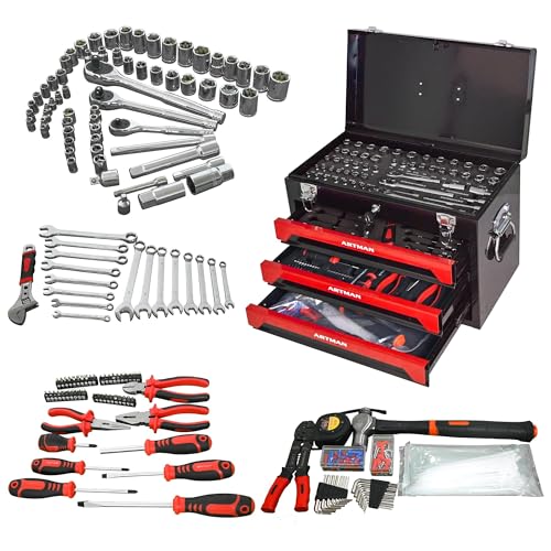 439 Piece Mechanics Tool Set, 3 Drawer 4-Tier Heavy Duty Metal Box with Household Tool Kit, Portable Tool Organizer Case for Auto Repair, Garage,Warehouse,Workshop,Repair Shop (Black&Red) - color: Red
