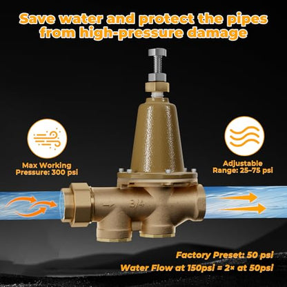 LF25AUB-Z3 3/4-Inch Water Pressure Reducing Valve for Residential, Commercial, and Industrial Use - Water Pressure Regulator Adjustable 25–75 psi, Max 300 psi