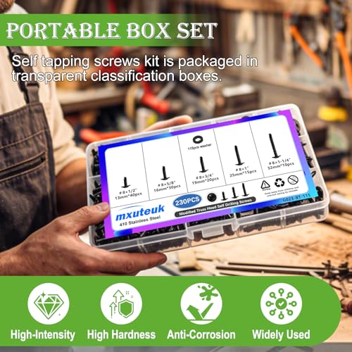 mxuteuk 230PCS #8 Self Tapping Screws for Metal,410 Stainless Steel Self Drilling Screws,1/2",5/8",3/4",1",1-1/4" Truss Head Sheet Metal Screws with Rubber Washers for Metal,Plastic,Wood(115pcs Sets) - size: BK 230PCS #8 Kit