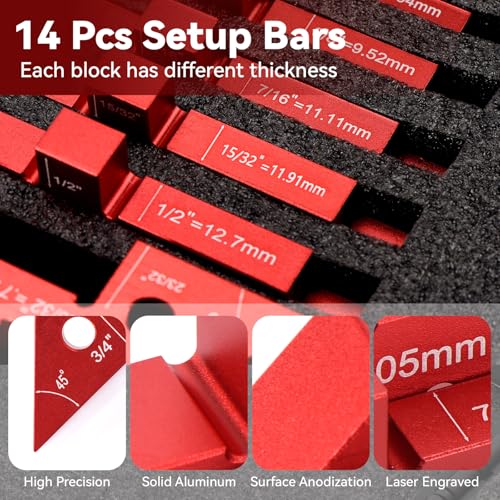 Router Table Setup Bars,14pcs Aluminum Precision Setup Blocks Height Gauge Set with Laser Engraved Size Markings & Storage Case for Router Table Saw Accessories and Angle Woodworking Set Up