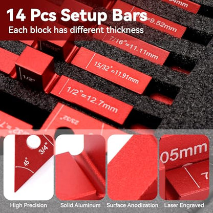 Router Table Setup Bars,14pcs Aluminum Precision Setup Blocks Height Gauge Set with Laser Engraved Size Markings & Storage Case for Router Table Saw Accessories and Angle Woodworking Set Up
