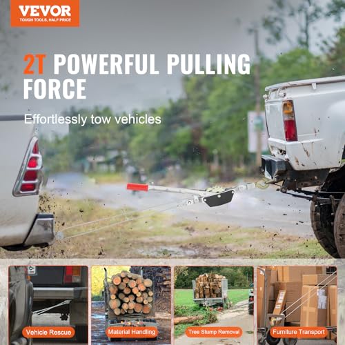 VEVOR Come Along Winch, 2 Ton (4,409 lbs) Pulling Capacity, 12 ft Steel Cable, 2 Hooks, Heavy Duty Ratchet Power Puller Tool with Dual Gears, Automotive Hoist Cable Puller Ideal for Vehicle Rescue - size: 2 Ton