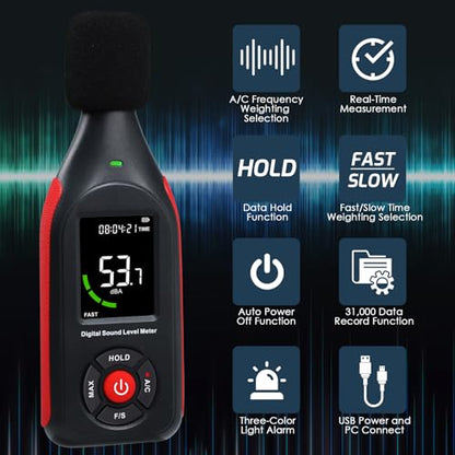 Decibel Meter Data Logger Sound Level Meter with 3-Color Display and Alarm