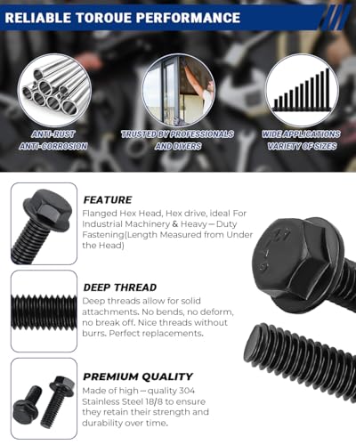 3/8-16 x 1-1/4" Flanged Hex Bolts (10 pcs), 18-8 (304) Stainless Steel, External Hex Drive, Hexagon Head Bolts Screws with Flange Washer, Fayeploo - color: Black, size: 3/8-16 x 1-1/4