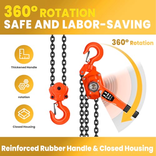 Manual Lever Chain Hoist, 6 Ton13200 lbs Capacity with 10 FT Lift, G80 Galvanized Chain, 360° Rotating Hooks, Auto Chain Leading, One-Person Operation for Warehouse, Garage, Farm