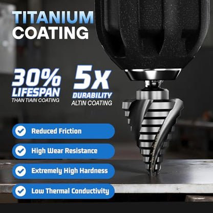 M35 Cobalt Step Drill Bit Set, 3-Piece (1/8" to 7/8"), 4-Spiral Flute with TiAlN Coating, 1/4" Hex Shank Unibit for Stainless Steel, Hard Metal, Aluminum & Plastic - size: 3-Piece (1/8" to 7/8")