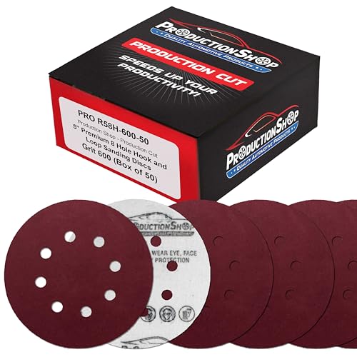 ProductionShop Premium 5" Red 8-Hole Pattern 600 Grit Sanding Discs, Box of 50 - Dustless Hook & Loop Backing Sandpaper for Random Orbital Sanders, Extra-Fine-Cut Abrasive - Woodworking, Auto Paint - style: 600 Grit