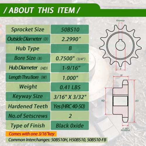 50BS10-3/4#50 Roller Chain Sprocket 10 Tooth 3/4" Bore Finished Bore Type B, Black Oxide Hardened Carbon Steel with Keyway, 2 Set Screws & Key for Industrial Machinery - size: 3/4 inch, style: 10tooth