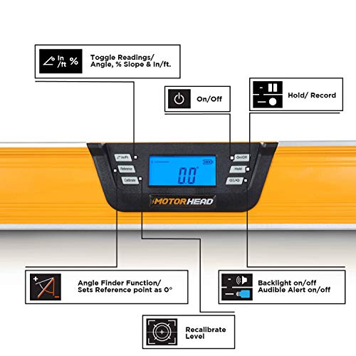MOTORHEAD 48-Inch 0°-360° SMART DIGITAL Level, LCD Screen, Audible Alerts, Water, Dust & Shock Resistant, Magnetic Bottom, Includes Bag, High-Visibility, Solid-Milled Aluminum, USA-Based Support - size: 48"