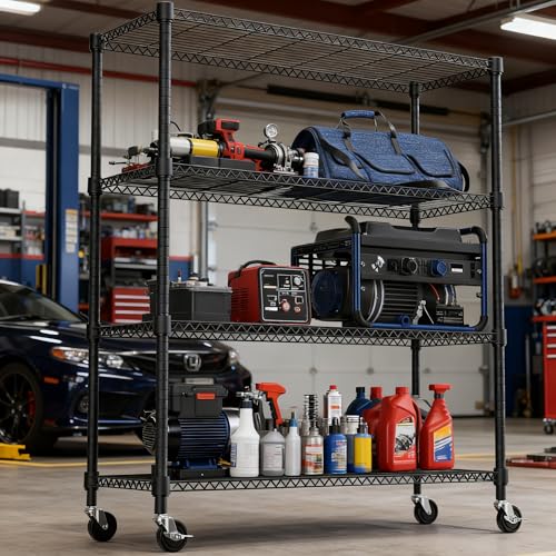 M MZG 1400LBS 47.2" W 4 Tiers Storage Shelves Metal Shelving Unit with Wheels Heavy Duty Garage Shelving Adjustable Wire Shelves for Pantry,Kitchen,Garage,Basement,Black 17.7" D x 47.2" W x 62.7" H - color: Black, size: 4 Tiers, 17.7"D x 47.2"W x 62.7"H