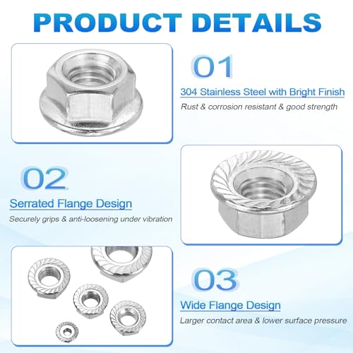 50Pcs Serrated Flange Hex Nuts-M6-1-Coarse 304 SS Bright Finish - color: Silver, size: M6-1