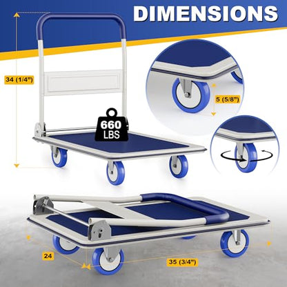 Foldable Push Cart Dolly | 660 lbs. Capacity | Heavy Duty Moving Platform Hand Truck with Swivel Wheels | Small Flatbed Cart | Space Saving Push Handle-White - color: Black-660 Lbs. Capacity