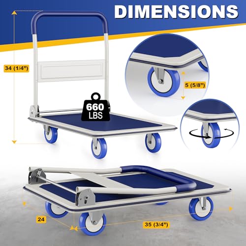 Foldable Push Cart Dolly | 660 lbs. Capacity | Heavy Duty Moving Platform Hand Truck with Swivel Wheels | Small Flatbed Cart | Space Saving Push Handle-y - color: Yelloww-660 Lbs. Capacity