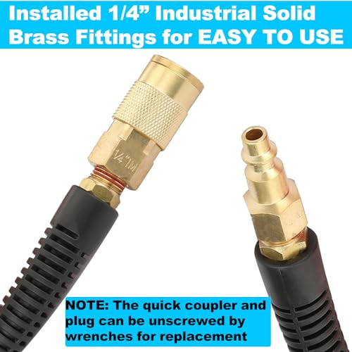 YOTOO Reinforced Polyurethane Air Hose 1/4" Inner Diameter by 25' Long, Flexible, Heavy Duty Air Compressor Hose with Bend Restrictor, 1/4" Swivel Industrial Quick Coupler and Plug, Blue - size: 25 FT