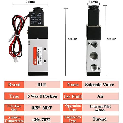 RIH Pneumatics Solenoid Valve 4V310-10 12V/24V/110V Series Single Coil Pilot-Operated Electric 2 Position 5 Way Connection Type (DC12V/Out of line, 3/8"NPT) - size: DC12V/Out of line, style: 3/8"NPT