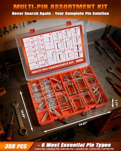 358 PCS Multi-Pin Assortment Kit, Includes Hitch Pins, Lynch Pins, PTO Pins for Tractors, Trailers, Trucks, Mowers, Snow Plows, Trash Can Couplers and Farm Equipment, Heavy Duty Trailers Accessories
