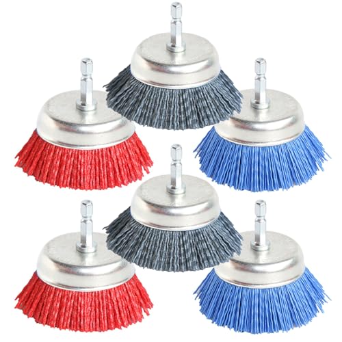 FPPO 6Pcs 3 Inch Assorted Cup Brushes Abrasive Wire Nylon Cup Brush for Drill,Grit 80 120 320 with 1/4" Shank (6) - style: mix6pcs