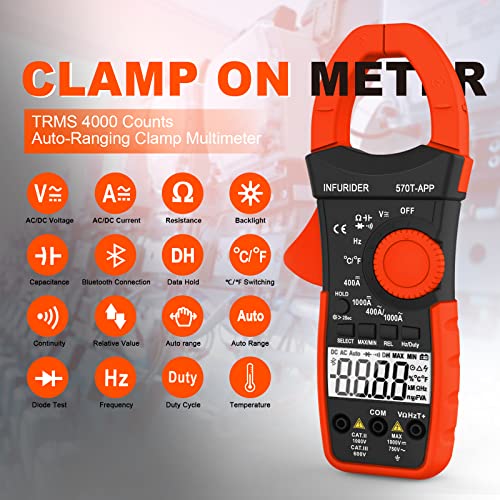 Digital Clamp Meter, Multimeter TRMS 4000 Counts 1000A AC/DC Current Amp Clamp Auto Range Volt Meter, Wireless Bluetooth Multimeter Measures Voltage, Capacitance, Ohm, Hz and Temperature