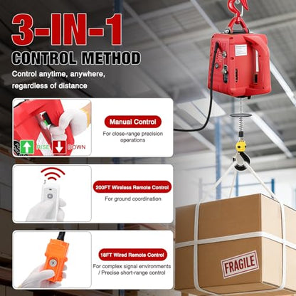 Nilight 3-in-1 Electric Hoist Winch, 660LBS 1500W Portable Power Winch Crane with Manual Wired Wireless Remote Control, 110V Electric Winch 33FT/Min Speed 39FT Height for Garage Warehouse Factory, Red - size: 660LBS Red