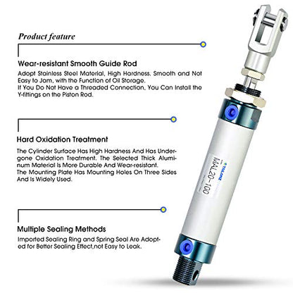 TAILONZ PNEUMATIC 20mm Bore 100mm Stroke Air Cylinder Double Action with Y Connector and 2Pcs 6mm Fitting MAL20x100 - size: 20mm Bore 100mm Stroke