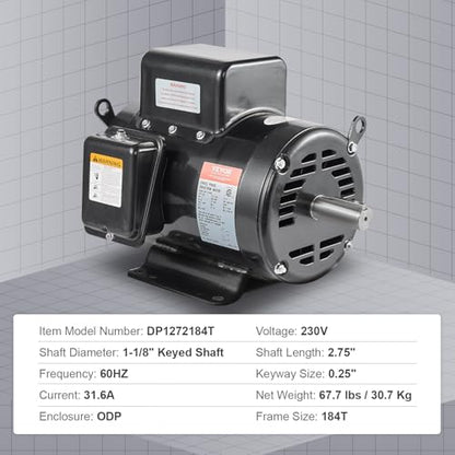 VEVOR 7.5HP Air Compressor Electric Motor, 230V 31.6A 3450RPM 184T Frame - size: 7.5P-.2.75''Shaft Length