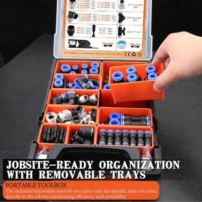 130 PCS 1/4",3/8",1/2" OD Blue Air Hose Fitting Kit, Full NPT Thread PBT Push to Connect Fittings with Reducer Adapters, 145 PSI Leak-Free Heavy-Duty for PU Air Hoses, Air Compressor & Trailer Repair - color: Blue