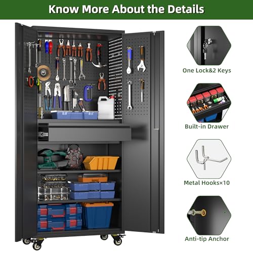 Aobabo Metal Garage Storage Cabinet, 71"x30" Lockable Rolling Tool Cabinet - color: Black, size: 15"D x 30"W x 71"H