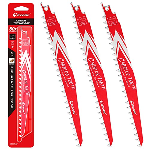 EZARC Carbide Reciprocating Saw Blades, 9-Inch 3TPI for Hard Wood, 3-Pack - size: 9 Inch, style: 3 TPI