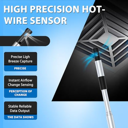 Hot Wire Anemometer Handheld CFM Meter with Bluetooth APP, Telescopic Probe