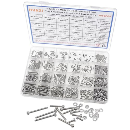 1050PCS M1.4-M2.5 304 SS Socket Head Cap Screws Nuts Flat Washers Kit