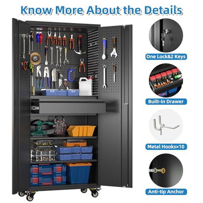 Reemoon 71" Metal Garage Cabinet with Wheels, Drawer and Pegboard - color: Black, size: 15"D x 30"W x 71"H