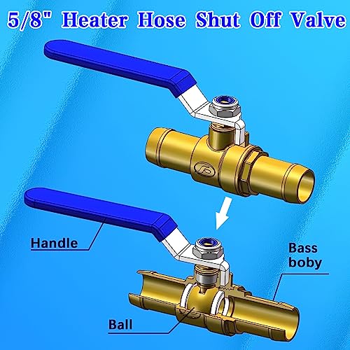 5/8'' Heater Hose Shut Off Ball Valves, 2Pcs Brass Barb Shut Off Ball Valves, 5/8'' PEX Shut Off Valves for Heater Hose, with 4Pcs Stainless Steel Clamps, Use for Water, Oil, Gas, Fuel line Fittings - size: 5/8 Inch
