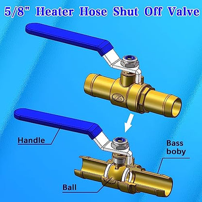5/8'' Heater Hose Shut Off Ball Valves, 2Pcs Brass Barb Shut Off Ball Valves, 5/8'' PEX Shut Off Valves for Heater Hose, with 4Pcs Stainless Steel Clamps, Use for Water, Oil, Gas, Fuel line Fittings - size: 5/8 Inch