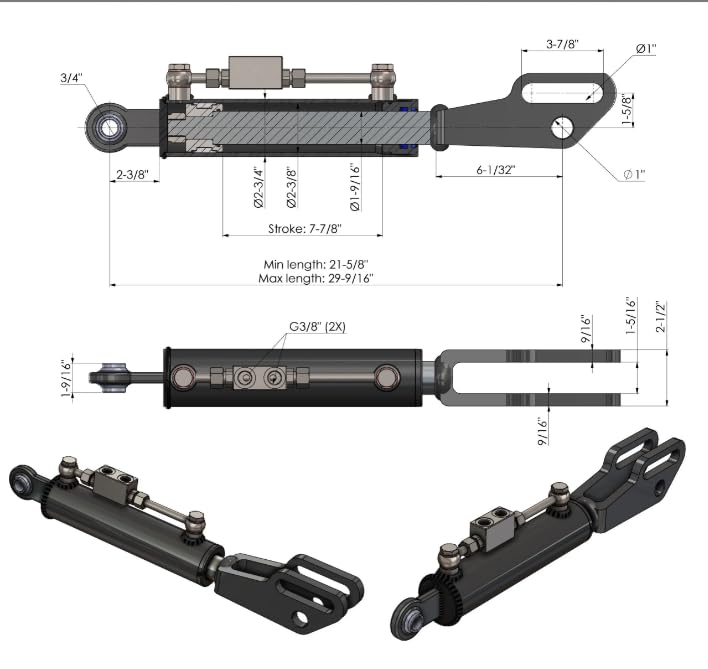 Spare Parts Holland - Hydraulic Side Link Cylinder - Min. 21-5/8" Max. 29-9/16" - size: Min-Max: 21-5/8" , 29-9/16"