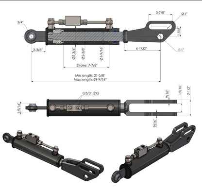 Spare Parts Holland - Hydraulic Side Link Cylinder - Min. 21-5/8" Max. 29-9/16" - size: Min-Max: 21-5/8" , 29-9/16"