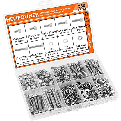 HELIFOUNER 350 Pieces M4 x 6mm /8mm /12mm /16mm /20mm /25mm /30mm, Hex Socket Head Cap Screws Bolts Washers Nuts Kit, 304 Stainless Steel - size: M4, style: Socket Head Screws