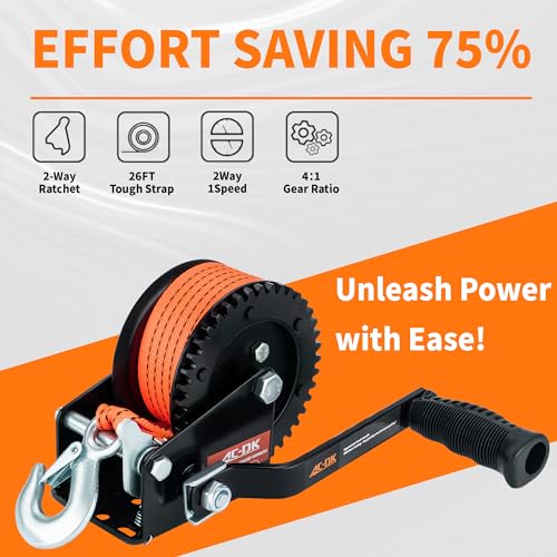 1600lbs Heavy Duty Boat Trailer Winch with 26FT Strap, 2-Way Ratchet & 4:1 Gear Trailer Winch, Portable Hand Crank Winch for Boat, Truck, Trailer, RV, ATV, Jet Ski - color: Orange Strap