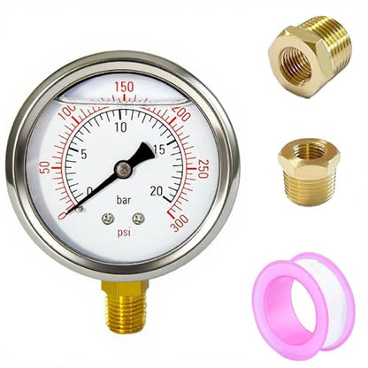 YSIL 1/4 NPT Liquid Filled Pressure Gauge w/ 3/8 NPT 1/2 NPT Adapter 300Psi - size: 0-300 psi