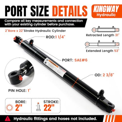 KINGWAY Double Acting Hydraulic Cylinder 2"Borex22"Stroke, 3000 PSI SAE#6 - size: 2“x22"