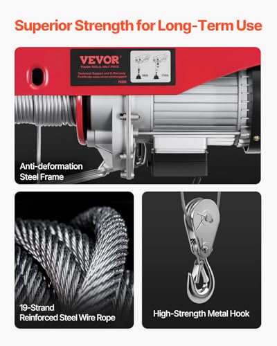 VEVOR Electric Hoist, 1760 lbs 120V Electric Winch with 328 ft Wireless Remote Control, 40 ft Single Cable Lifting Height, Single/Double Slings, Emergency Stop, Lift Hoist for Garage Warehouse Factory - size: 1760LBS Wireless