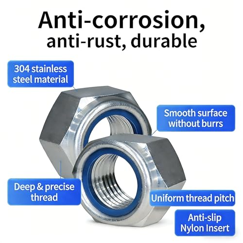 M8-1.25mm Locknuts, 90PCS 304 (A2-70) Stainless Steel Nylon Insert Lock Nuts,Standard Metric Thread Nylock Nuts - size: M8-1.25mm 90PCS
