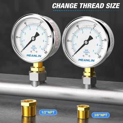 MEANLIN MEASURE 0~100Psi Stainless Steel 1/4" NPT 2.5" FACE DIAL,Liquid Filled Pressure Gauge,WOG Water Oil Air Lower Mount (Pack of 2), with 1/2" NPT and 3/8" NPT Hex Bushing - size: 0-100Psi (2Pcs)